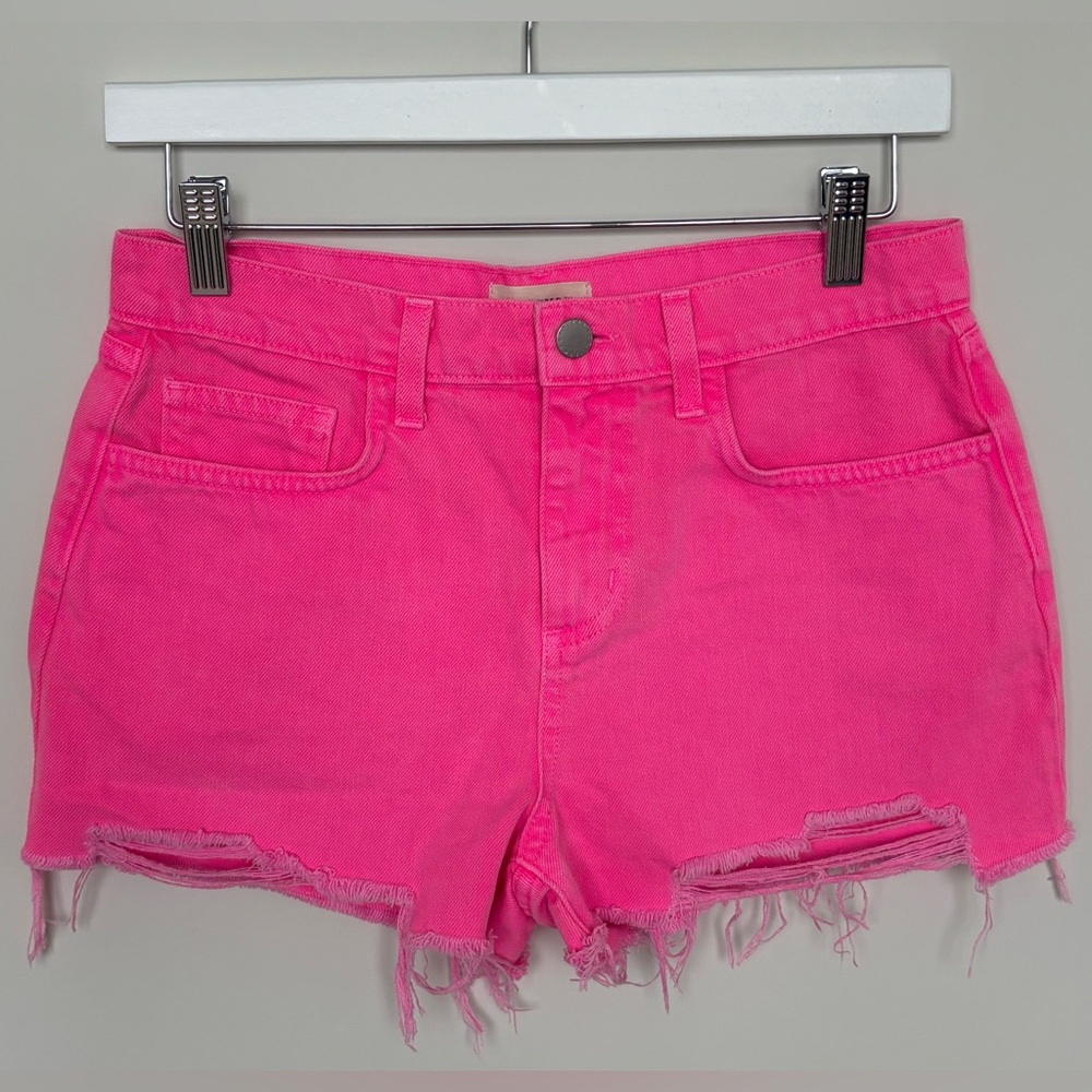 L'Agence Clark Distressed Denim High Rise Shorts in Shocking Pink, 24" Waist - Picture 3 of 9